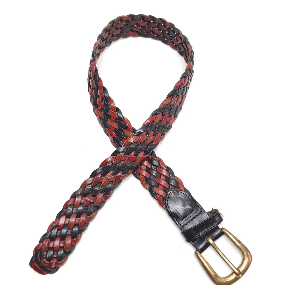 Nordstrom Braided Leather Belt Black Burgundy Brown Woven Brass Buckle Size M 28